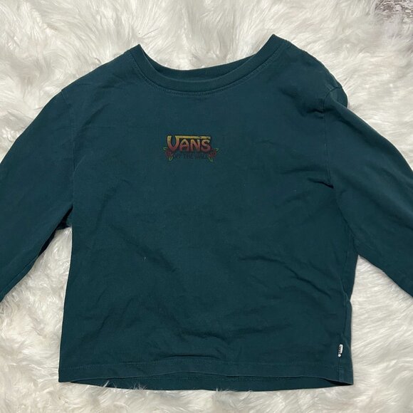 VANS OFF THE WALL Dark green long sleeve cropped shirt skater vibes, SIZE S - Picture 2 of 8
